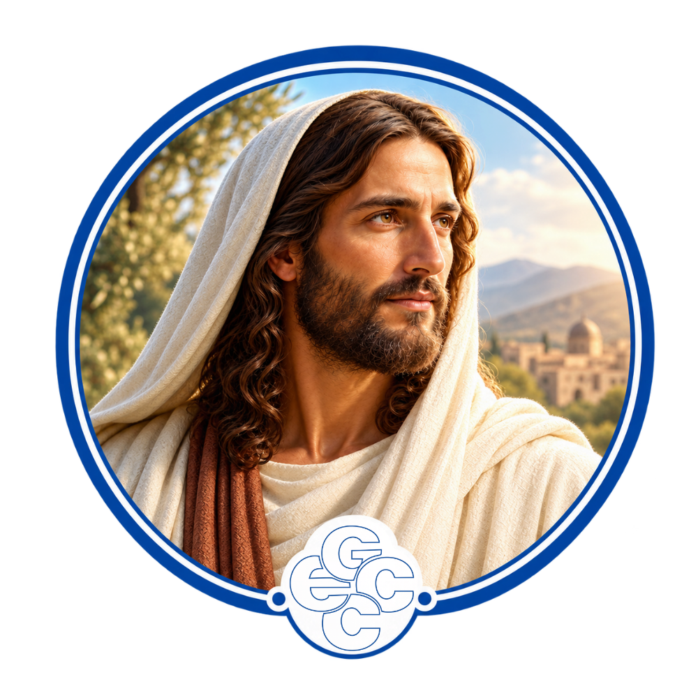Pintura de Jesus com manto claro, olhando ao longe sob a luz do sol, em moldura circular com o símbolo da Casa do Caminho